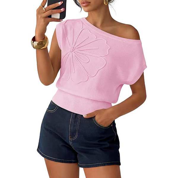 Sweater Vest ZESICA pink asymmetrical knit top with textured flower and ribbed hem