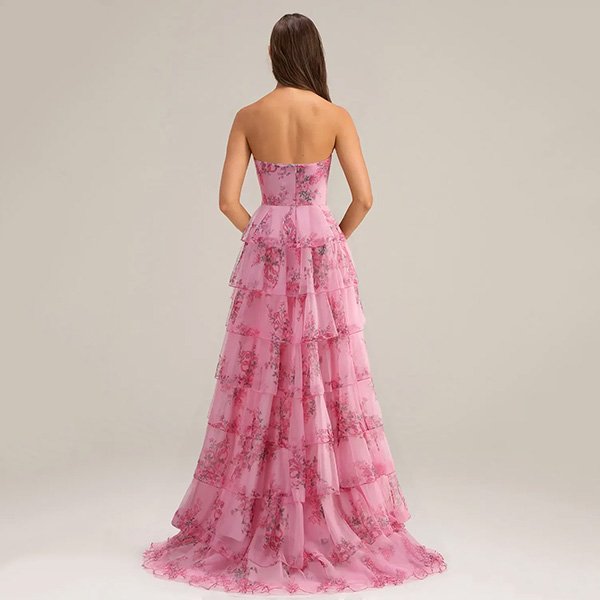 Tiered Dress AW Giovanna candy pink back view with concealed zipper and cascading floral tulle tiers