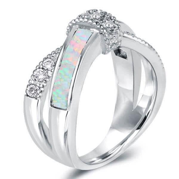 Wedding Band Italo side profile showing opal channel and pave sapphire shoulders on silver