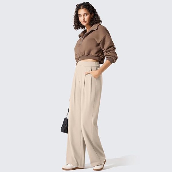 Wide Leg Pants G4Free ShiftReady light khaki styled with cropped brown half-zip and white sneakers