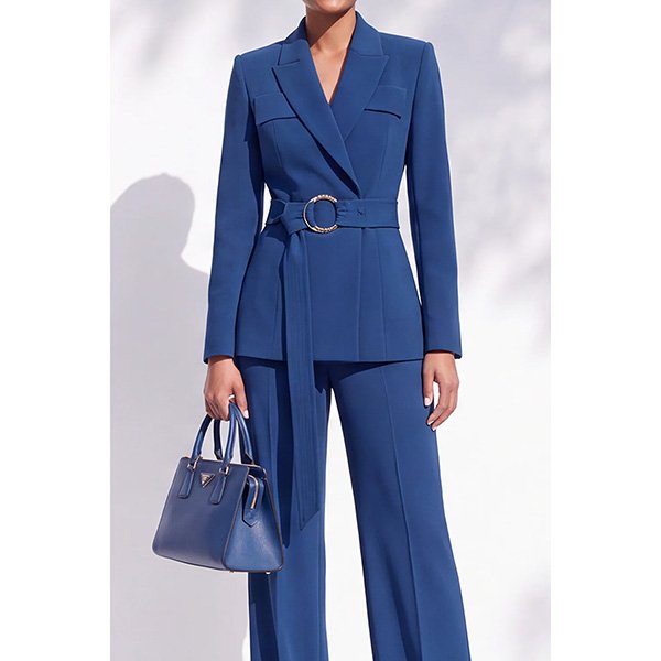 Women's Suit ZAPAKA Berlin Blue full outfit showing satin belted blazer and tailored pants