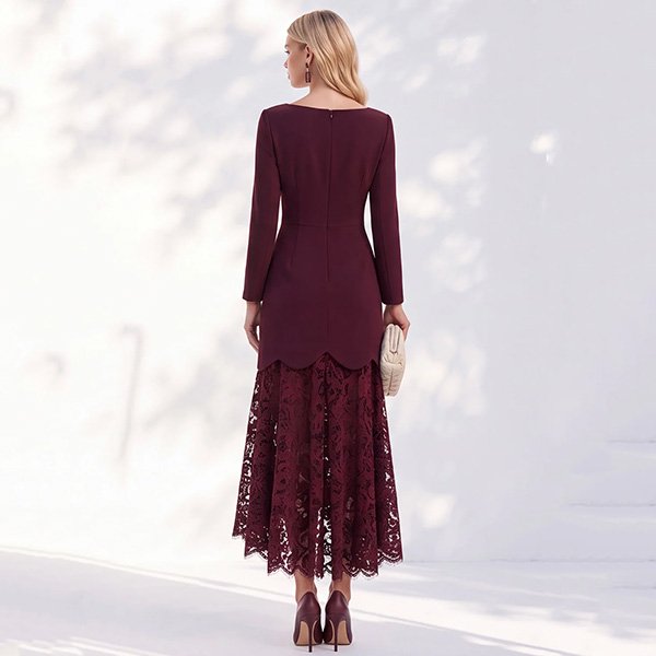 Work Dress Zapaka burgundy back view with long sleeves, scalloped hem and floral lace high-low skirt