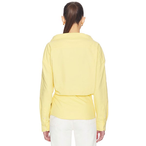 "AREA satin knot oxford shirt in midweight cotton fabric with front satin bow closure, plunging V-neck design and button cuffs"