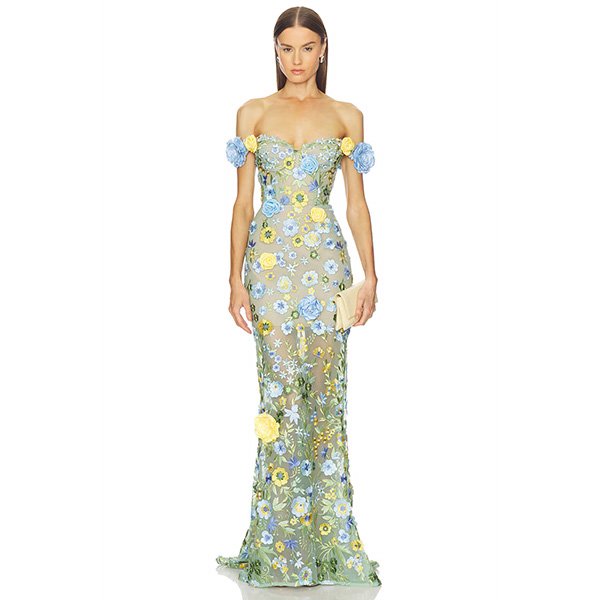 "Bronx and Banco Portofino floral jasmine off-shoulder gown in blue multi, lightweight tulle with flower appliques and lace-up back closure"