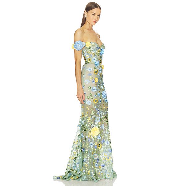"Bronx and Banco Portofino floral jasmine off-shoulder gown in blue multi, lightweight tulle with flower appliques and lace-up back closure"