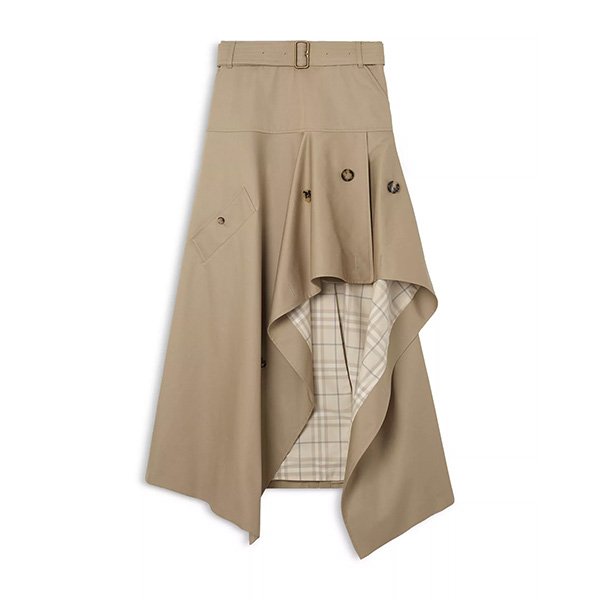 Burberry gabardine asymmetric trench skirt with metal B buckle belt, storm shield and iconic Check lining