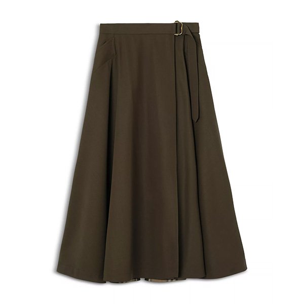Burberry wool twill midi skirt with Metal B buckle belt, front split and iconic Check detail at hem