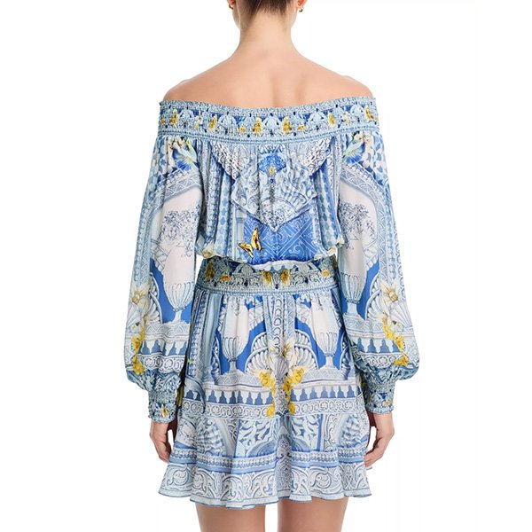 Camilla off-shoulder dress in De Nada Granada with beaded embellishment and smocked waist