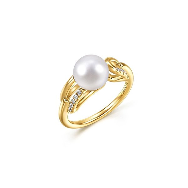 "EMPHASIS Cosmos 18K yellow gold ring featuring white freshwater cultured pearl and 10 round brilliant cut diamonds totaling 0.06ct"