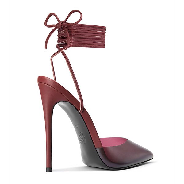 "FEMME LA Luisa lace-up pump in smoked cherry faux leather with pointed toe, stiletto heel and ankle wrap tie closure"