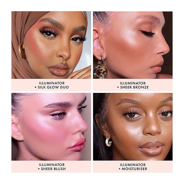 "ICONIC London Illuminator liquid highlighter drops in Blush peachy rose shade for customizable face and body glow"
