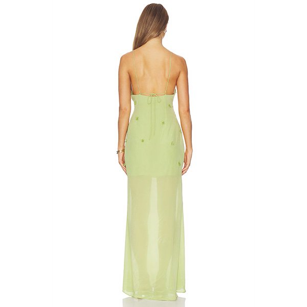 "L'Academie Brynn gown in pale green lightweight chiffon with floral bead embellishments throughout and self-tie adjustable straps"
