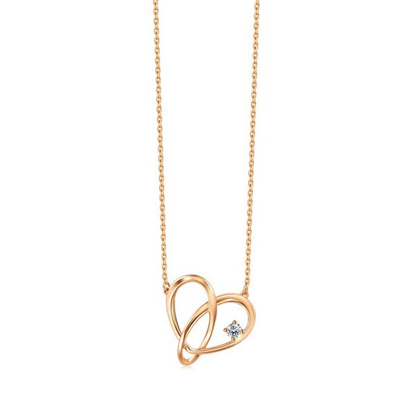 "PROMESSA Love Knot 18K rose gold diamond necklace featuring interwoven swirling heart design with round brilliant cut diamond centerpiece"