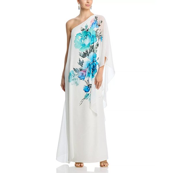 Teri Jon One Shoulder Gown | White Floral Cape