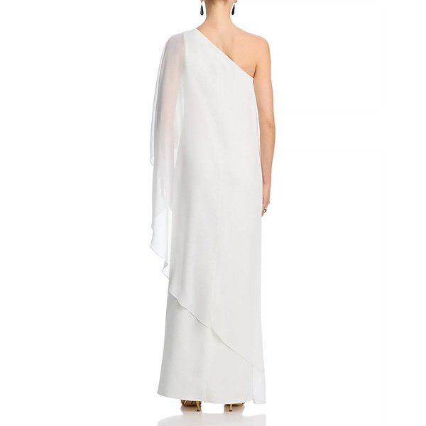 "Teri Jon by Rickie Freeman one-shoulder column gown in white multi floral chiffon overlay with long cape detail and concealed back zipper"