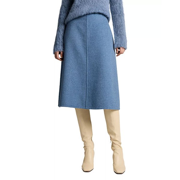 A-Line Skirt Vince Splitable Midi Blue Slate front view with blue sweater and boots