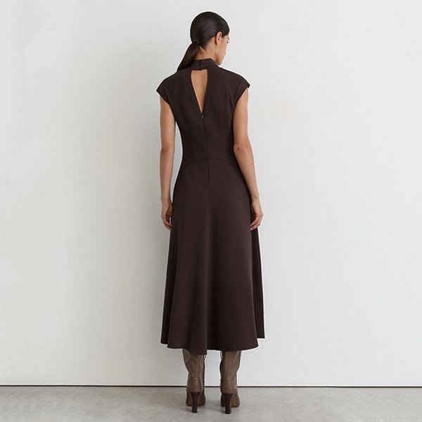 Petite Dress REISS Alma Grape Burgundy back view with buttoned keyhole closure and midi hem
