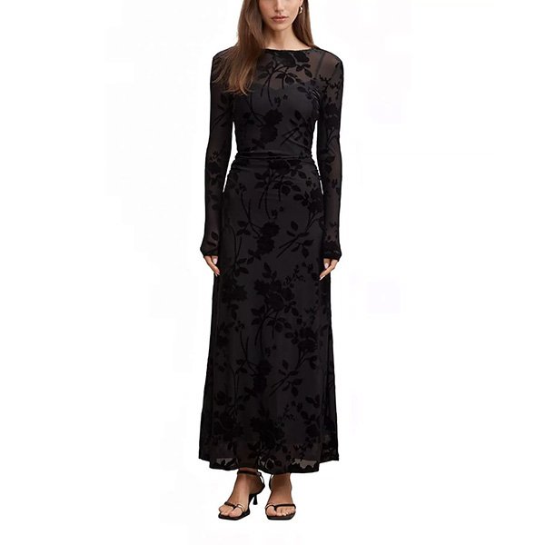 Angelina black mesh burnout dress front view with boat neck and floral detail