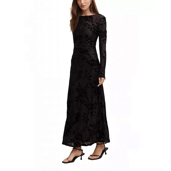 Angelina black midi dress detail showing floral velvet burnout texture