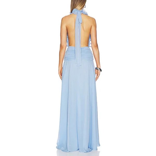 Ariella Dress DELFI Baby Blue back view showing open back with tie closure detail