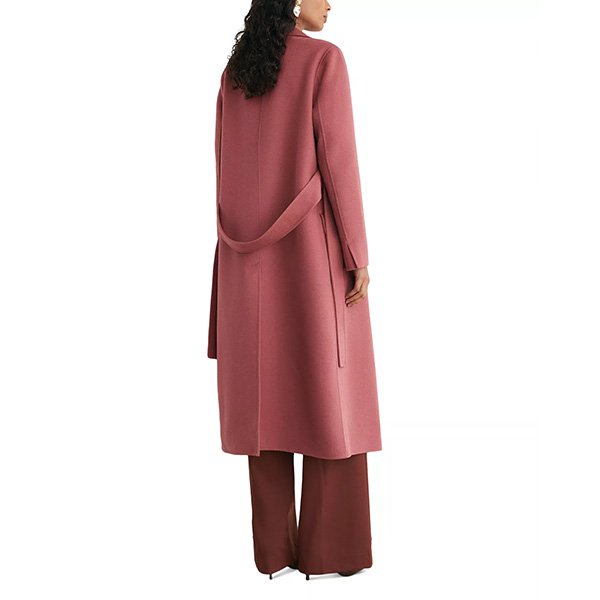 Belted Coat REISS Marlowe Pink back view with self belt looped through back loops and vented hem