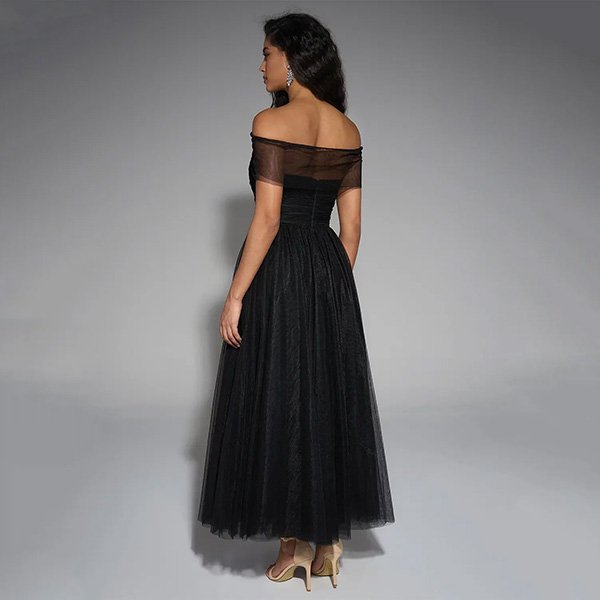 Black Tulle Dress AW Hope back view with sheer off-shoulder mesh overlay and A-line tulle skirt