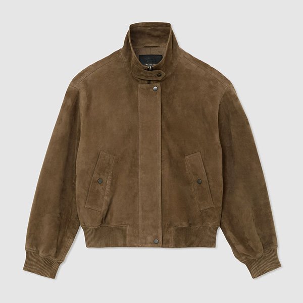 Bomber Jacket REISS Cara Neutral flat lay showing funnel neck, press-stud pockets and ribbed hem