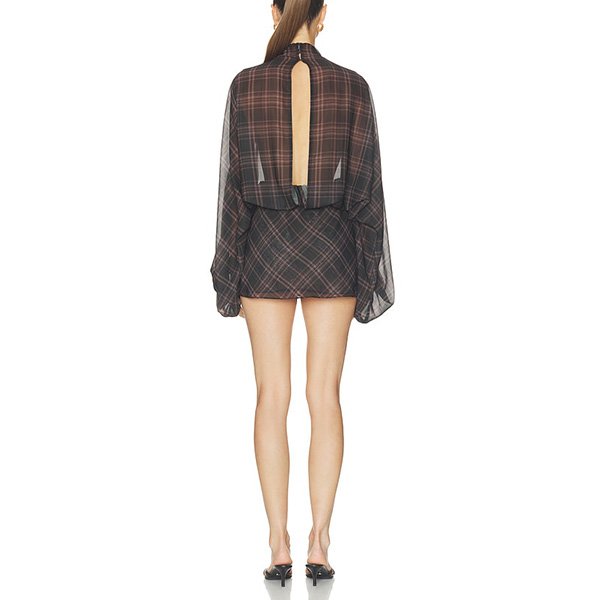 Brown Plaid Dress Albany rear view highlighting the vented back cut-out and sheer sleeves