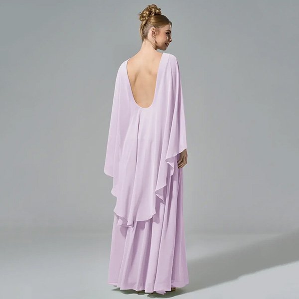 Chiffon Maxi Dress AW Boris lilac back view showing deep plunging scoop open back and flowing cape sleeves