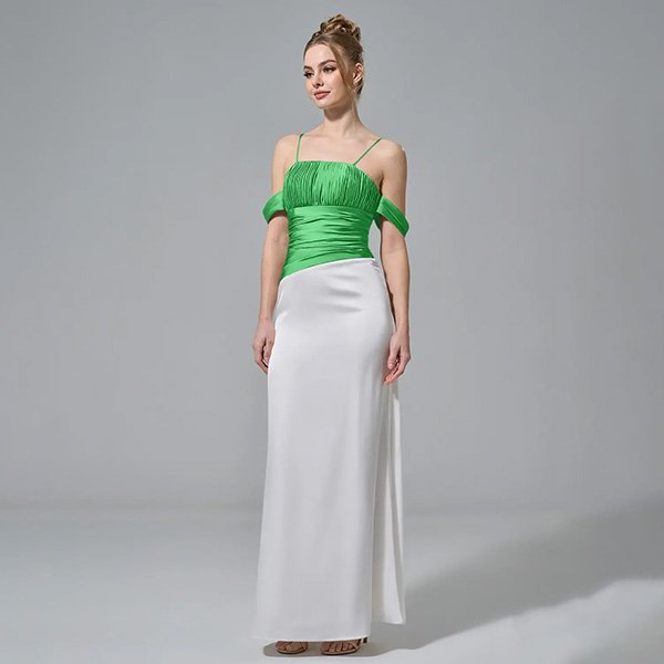 Color Block Dress AW Leilani Jasmine Green off-shoulder with ruched waist
