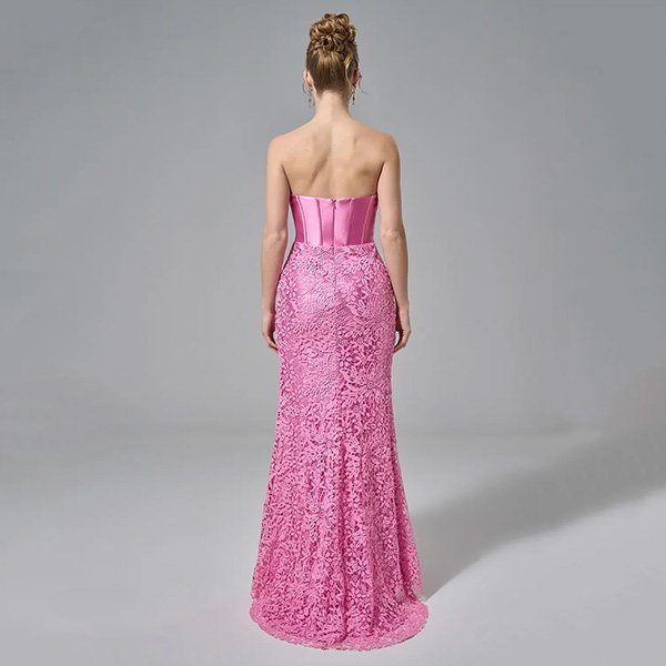 Corset Dress AW Janelle bubblegum pink back view with satin corset panel, zipper and lace mermaid skirt