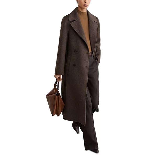 Double Breasted Coat REISS Rene Mocha walking view showing longline hem and slant pockets