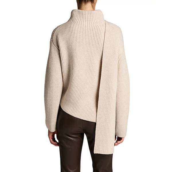 Draped Sweater Vince Ribbed Shawl back view with cascading collar in cream color