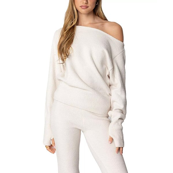 Edikted off shoulder sweater cream front view showing oversized fit