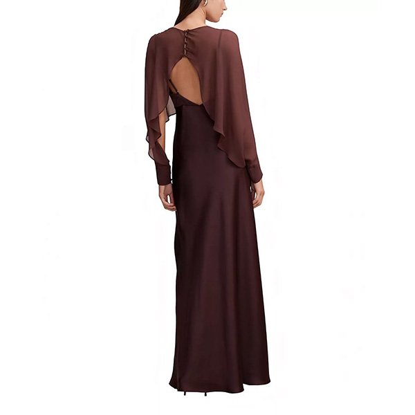 Electra chocolate maxi dress back view showing open back and button detail