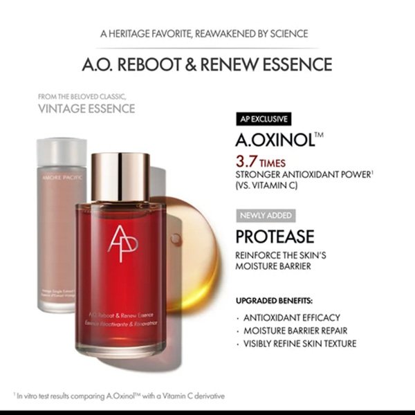Face Essence AP Beauty A.O. Reboot & Renew infographic with A.Oxinol and Protease benefits