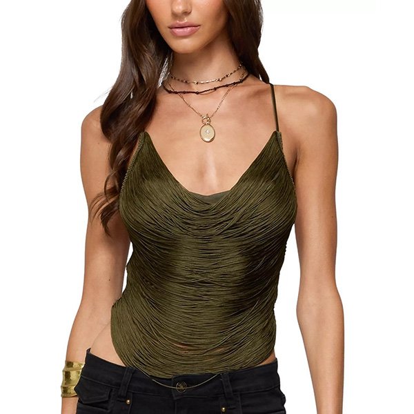Fringed Top Edikted Elenie Olive close-up of cowl neckline and layered string fringe