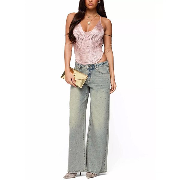 Fringed Top Edikted Elenie Light Pink full view with string texture over crystal wide-leg jeans