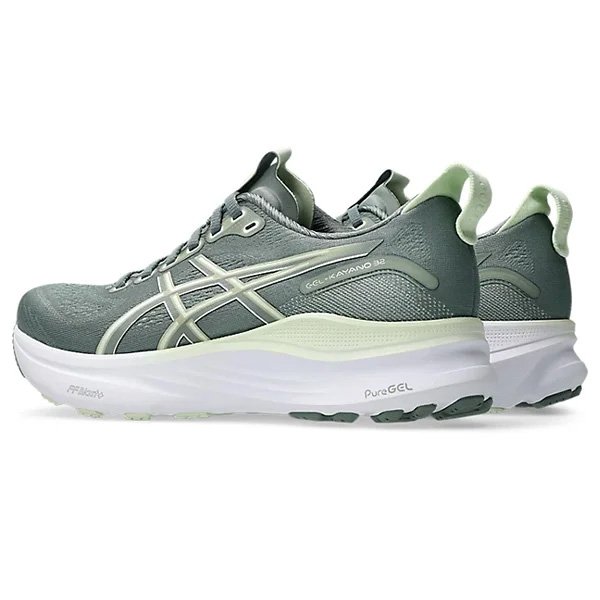 Gel Kayano 32 Monument Blue Whisper Green pair side view showing PureGEL and FF Blast+ midsole
