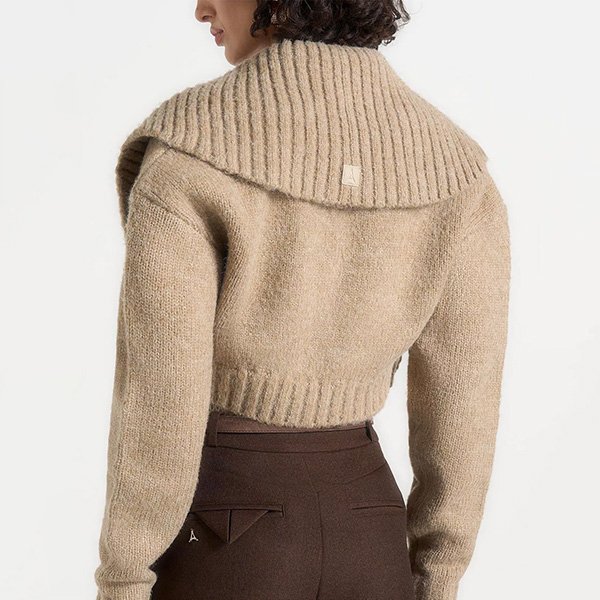 Knit Top Manière De Voir Emya shawl shrug back view showing wide ribbed collar in taupe