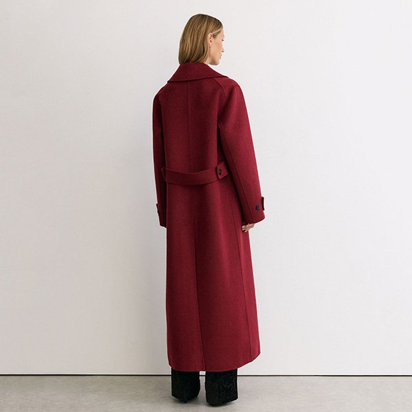 Long Coat REISS Alara Red back view showing buttoned half-belt and blindseam construction