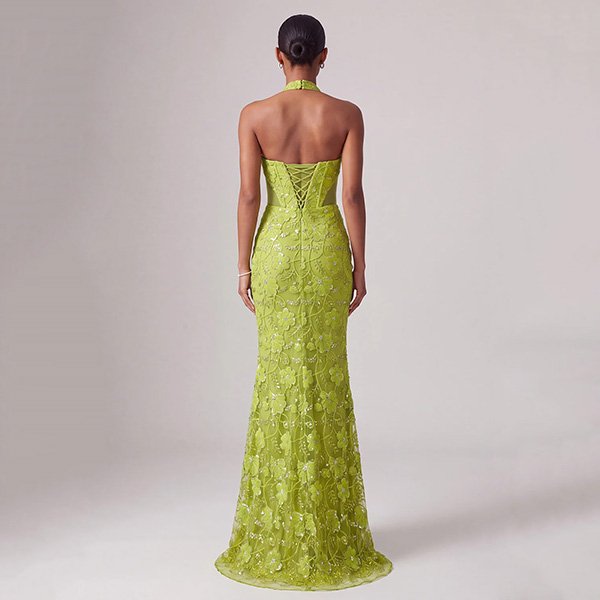 Mermaid Dress - Green Halter Sequin Gown | ZAPAKA