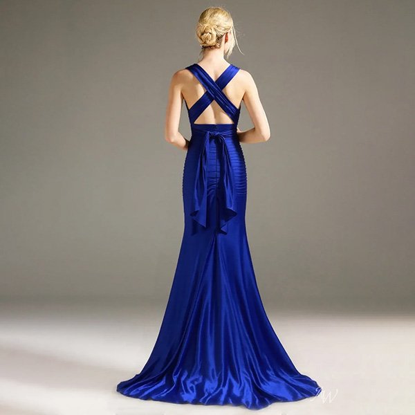 Mermaid Dress AW Daniella open back with crisscross straps and trailing waist sash