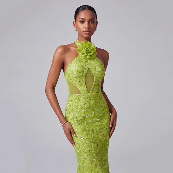 Mermaid Dress ZAPAKA lime green front close-up with 3D rose halter and sequin floral cut-out bodice