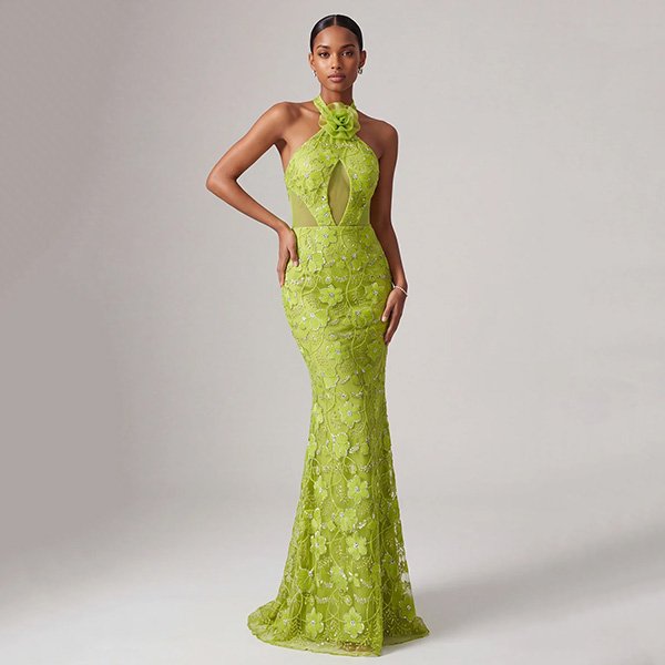 Mermaid Dress - Green Halter Sequin Gown | ZAPAKA