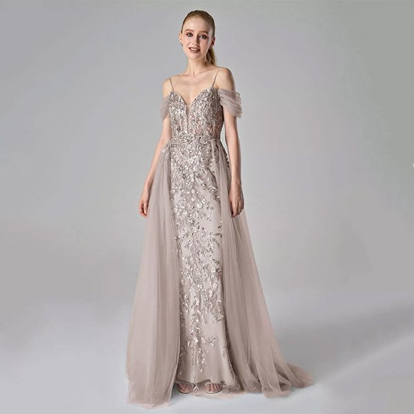 Off Shoulder Dress AW Annis Dusk shade with cascading floral beading