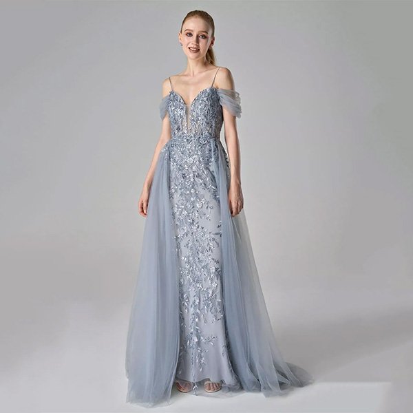 Off Shoulder Dress AW Annis Dusty Blue with illusion V-neck and overskirt