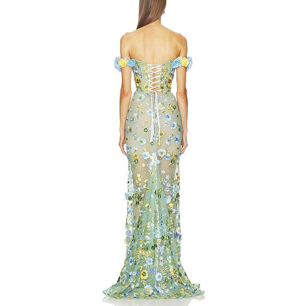 Off Shoulder Dress Bronx Banco Portofino Jasmine rear view with back lace-up and floral tulle train