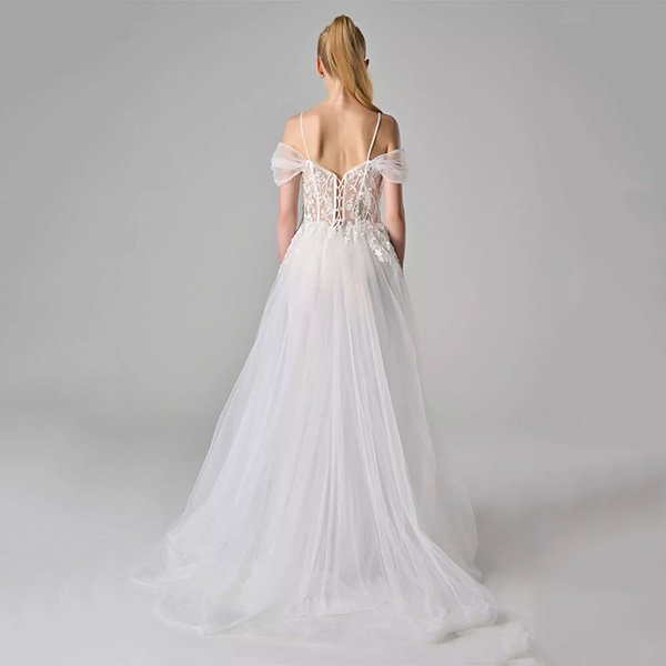 Off Shoulder Dress AW Annis White back view with lace bodice and tulle overskirt train