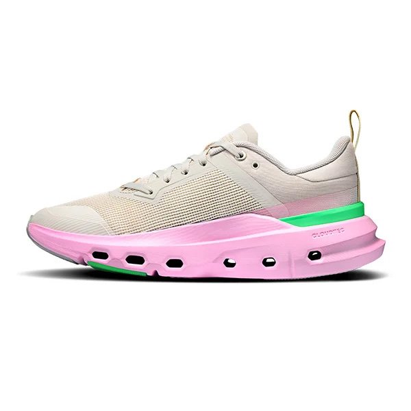 On Cloudpulse Next Silver Honeydew lateral view showing pink CloudTec midsole and green Swiss Engineering tab